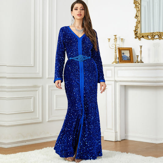 Fashionable autumn and winter pearl piece velvet dress Arabic clothing women's evening dress